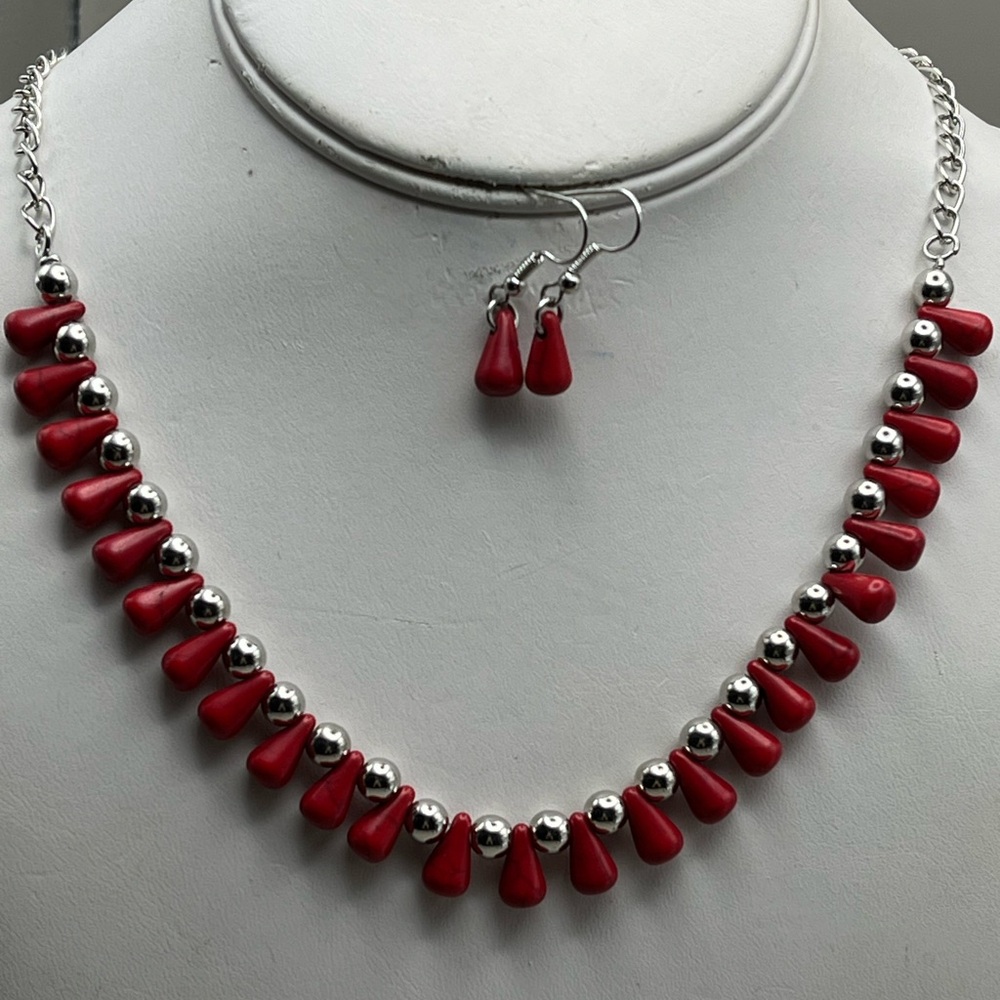 Elegant Red and Silver Necklace and Earring Set